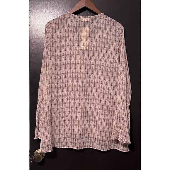 NWT Boutique Emory Park L/S Peasant Blouse Lace Up Neckline Taupe Navy Pattern L - Picture 4 of 11